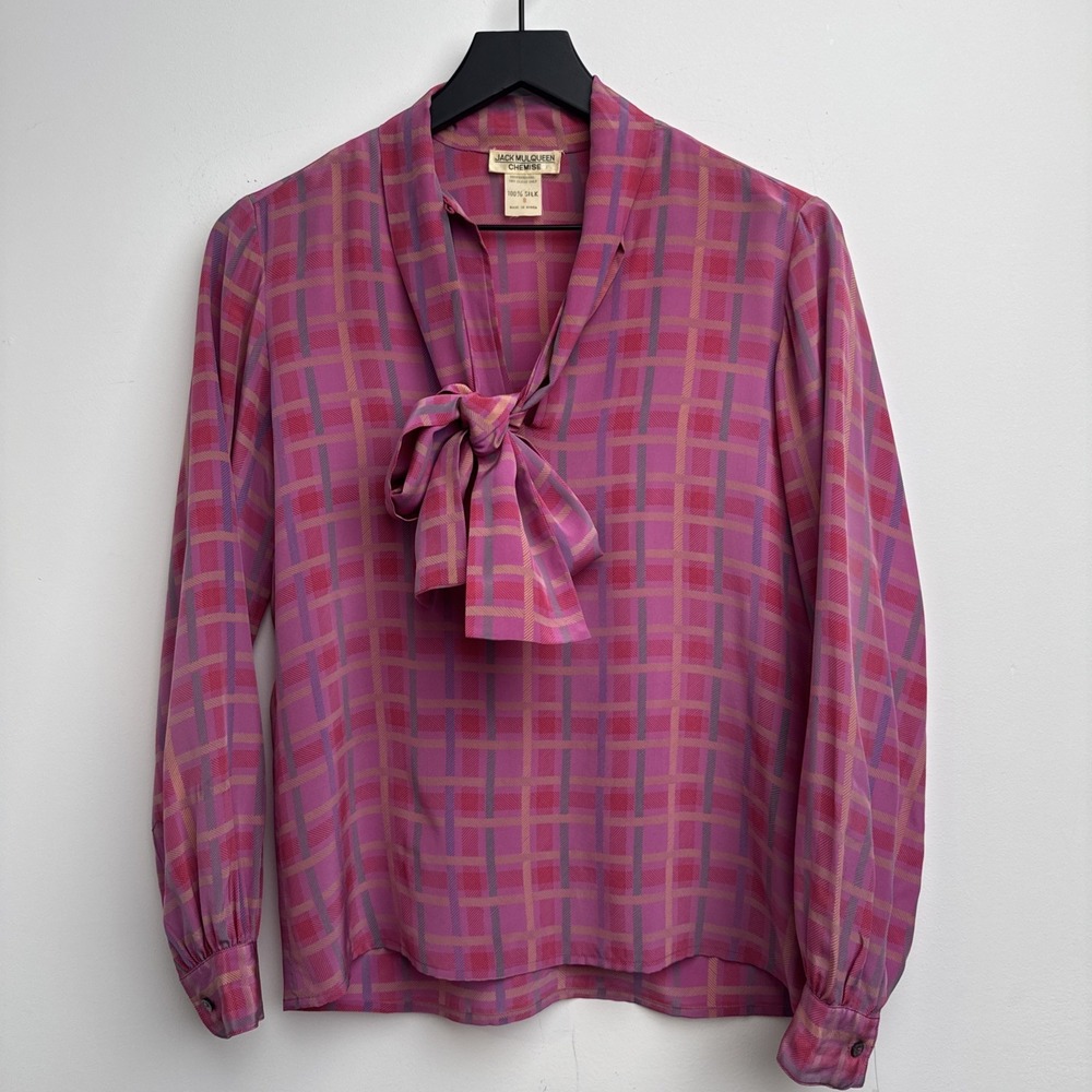 VTG Jack Mulqueen Chemise Silk Blouse 8 Pink Plaid Tie Long Sleeve Womens